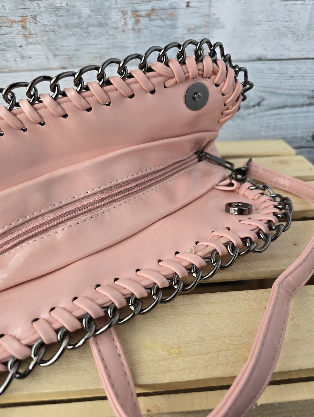 Gothic Pink Vegan Cross Body Bag Chain Clutch Purse - Picture 10 of 13